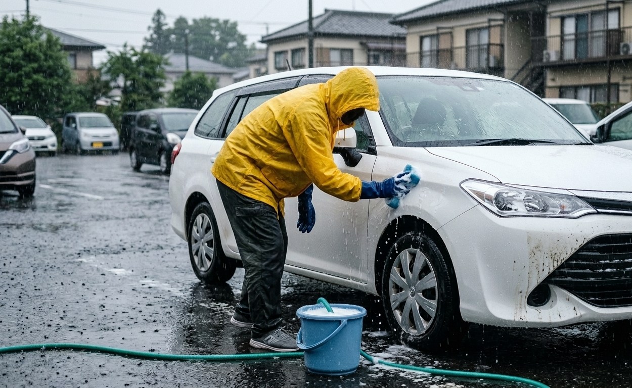 雨の前に洗車する車のイメージ